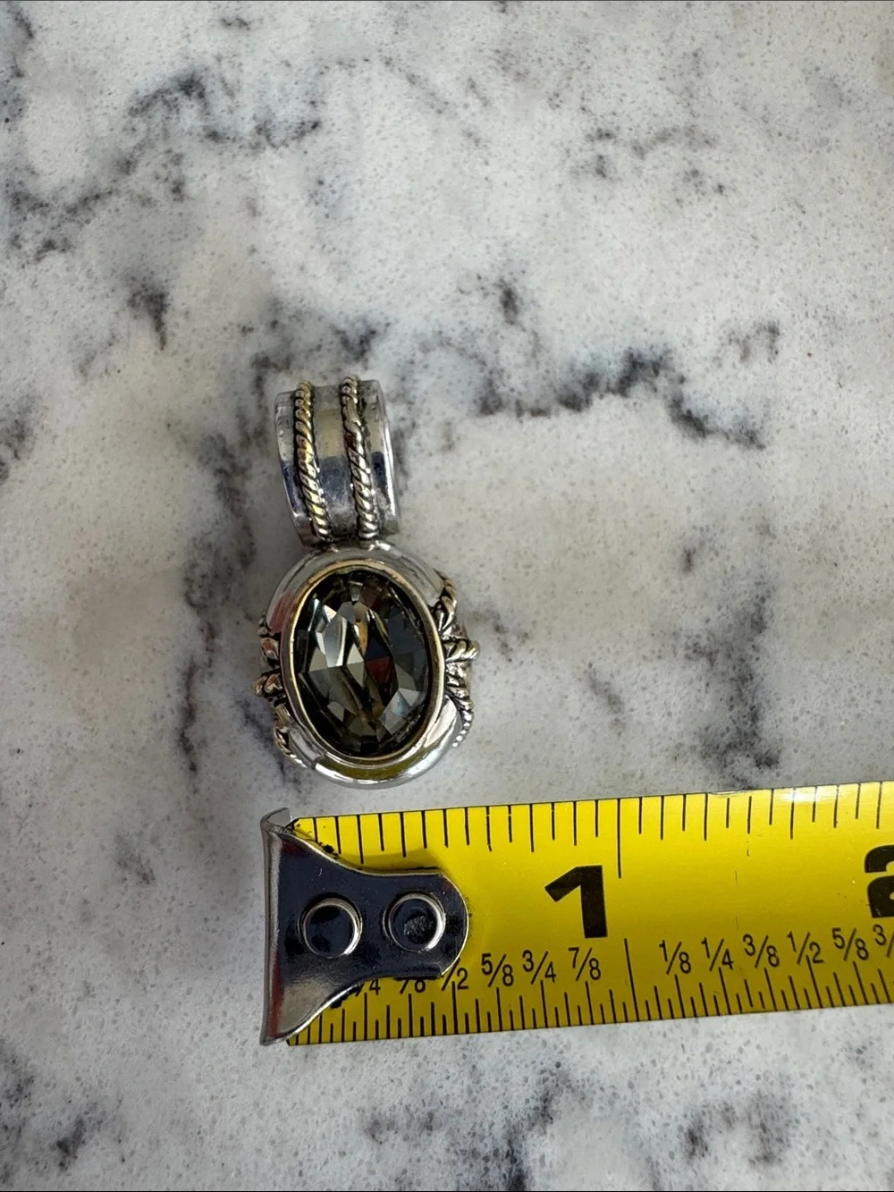 Vintage! Large Silver-Tone Pendant with Faceted Green Crystal and Cable Braids